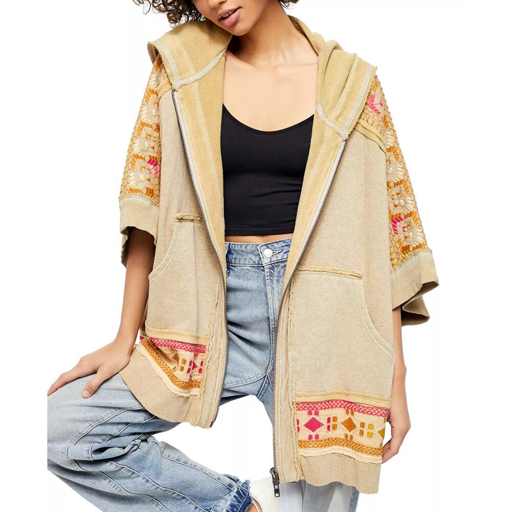 Free People Wildside Embroidered Hooded Poncho Dune Beige Boho Loungewear